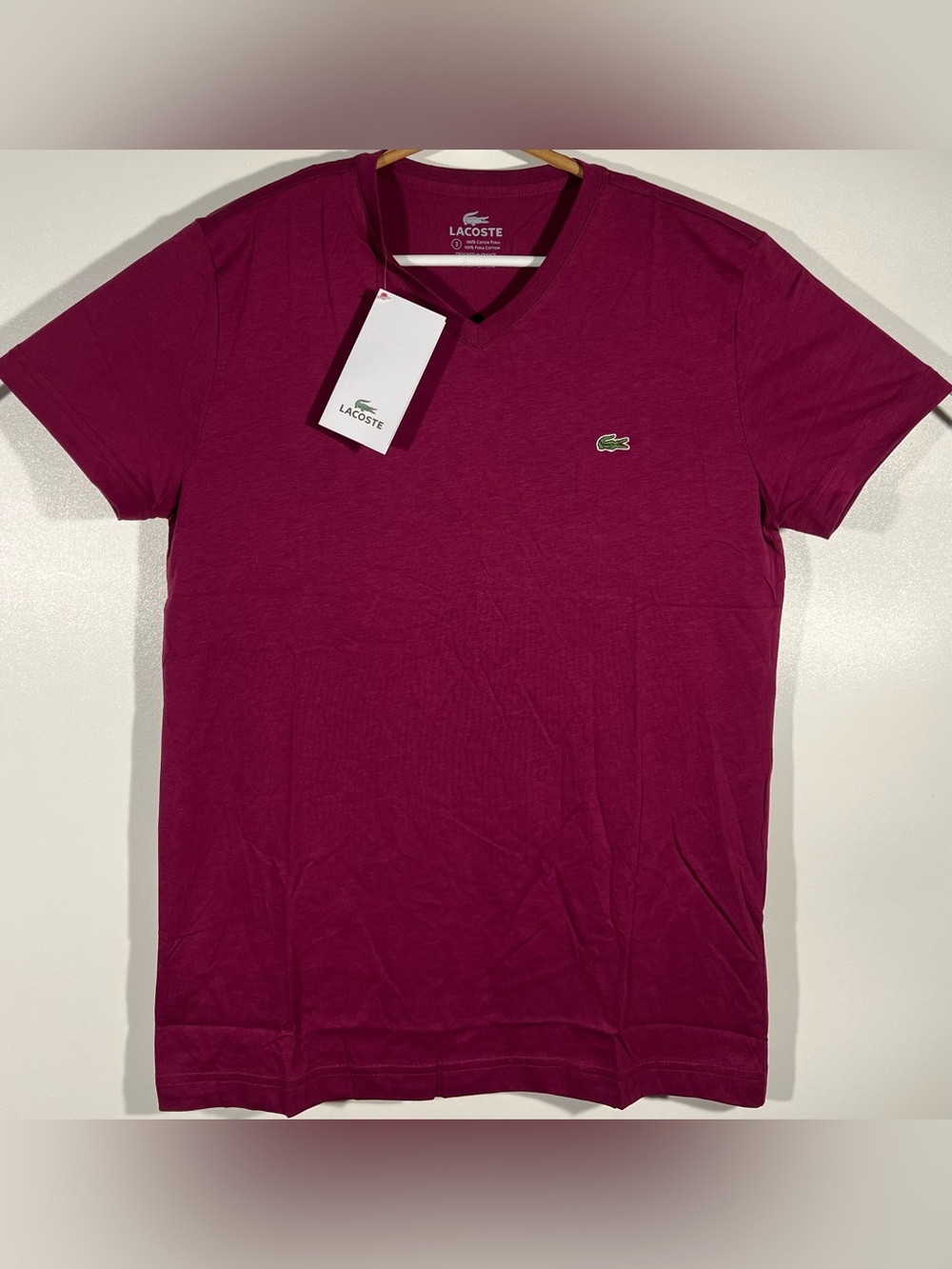 Lacoste Men's V-Neck Pima Cotton Jersey T-Shirt Bordeaux Size 3 Small NWT